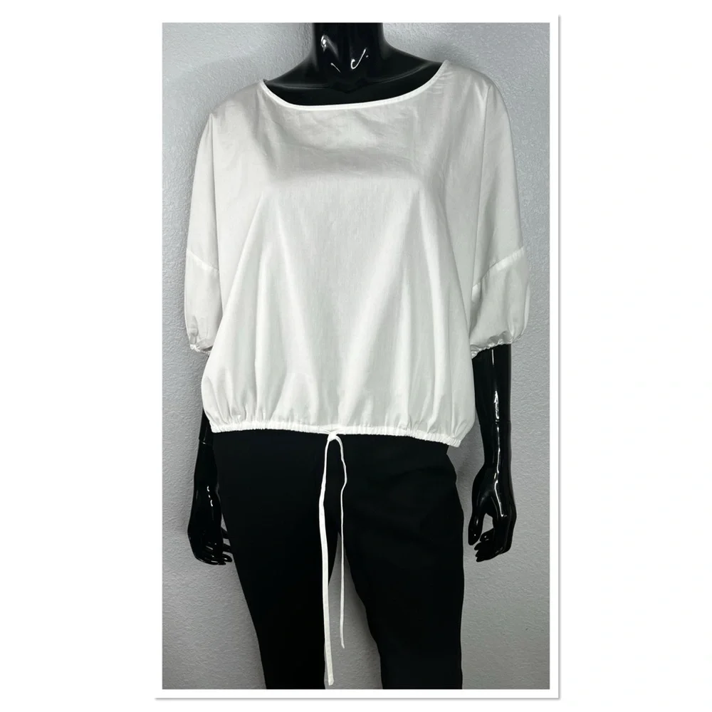 Banana Republic Cropped Short Puff Sleeve 100% Cotton White Women's Top Sz L